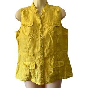 e-col-o-gie Size M Yellow Linen Blouse Woman Size Medium Safari Button Up